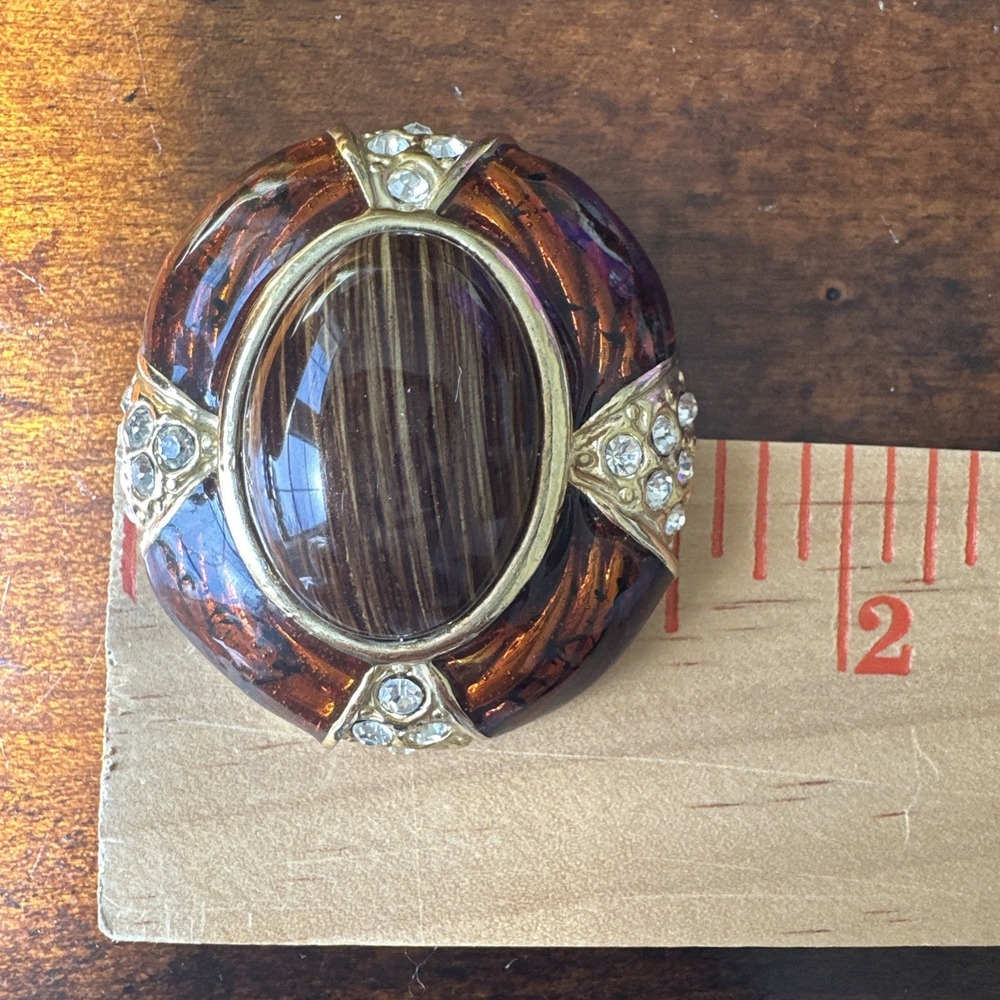 Vintage Brooch Pin 1.75 Inch Brown Marbled Art Glass Clear Rhinestones Gold - Picture 8 of 8